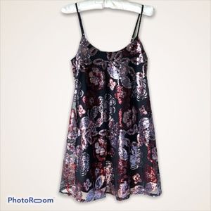 Sequin Dress in Black with Red & Silver Strappy Size S  Cocktail Holiday Gala